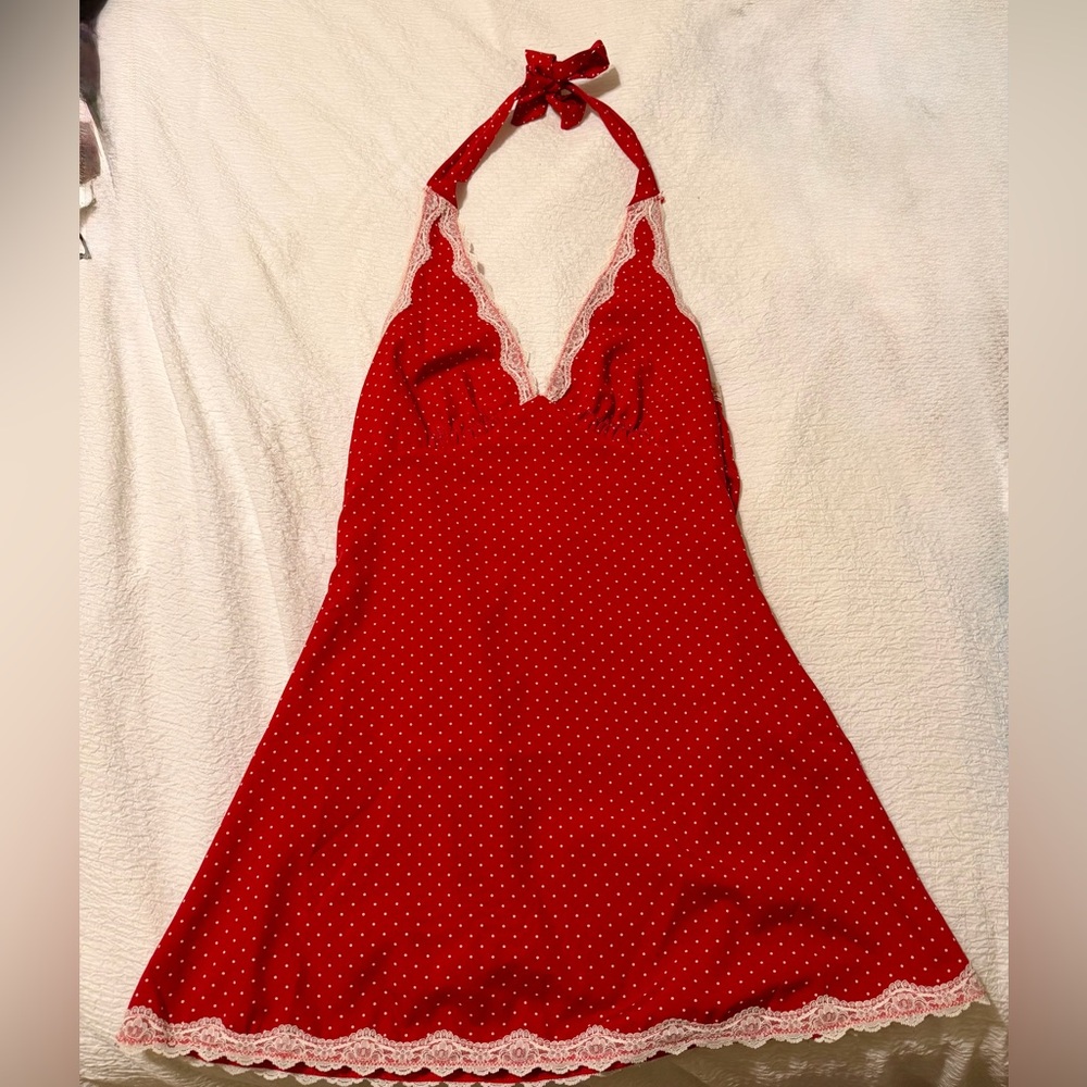Red Polka Dot Halter Mini Dress with Lace Trim